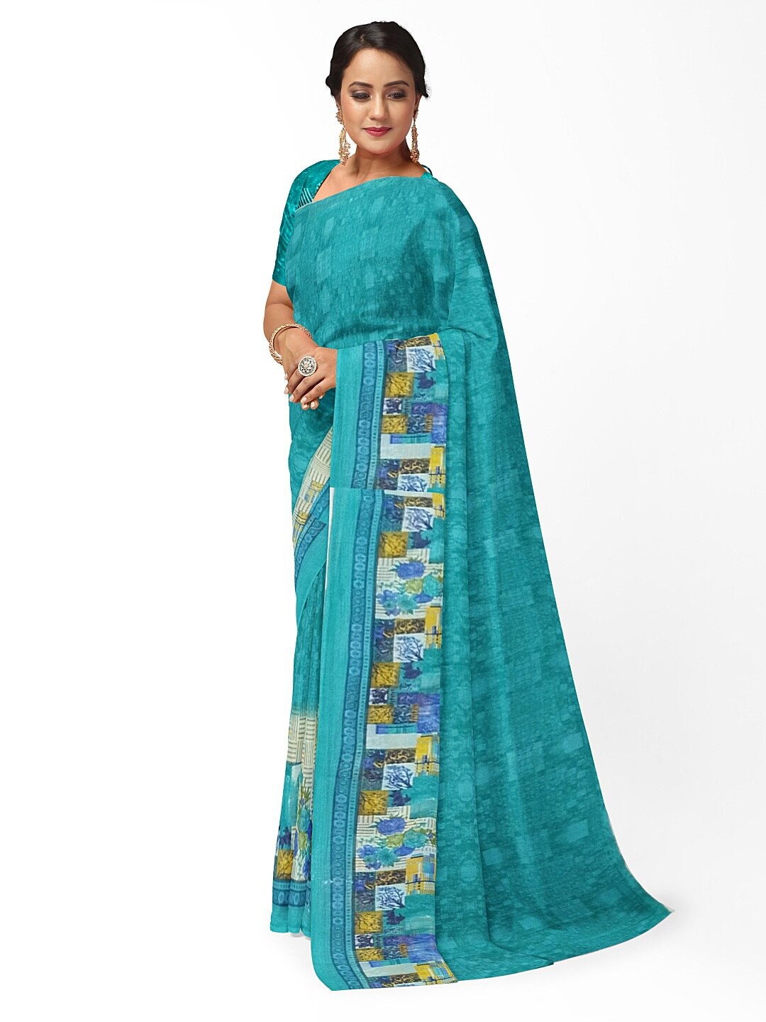 

KALINI Women Green Abstract Printed Pure Georgette Fusion Saree