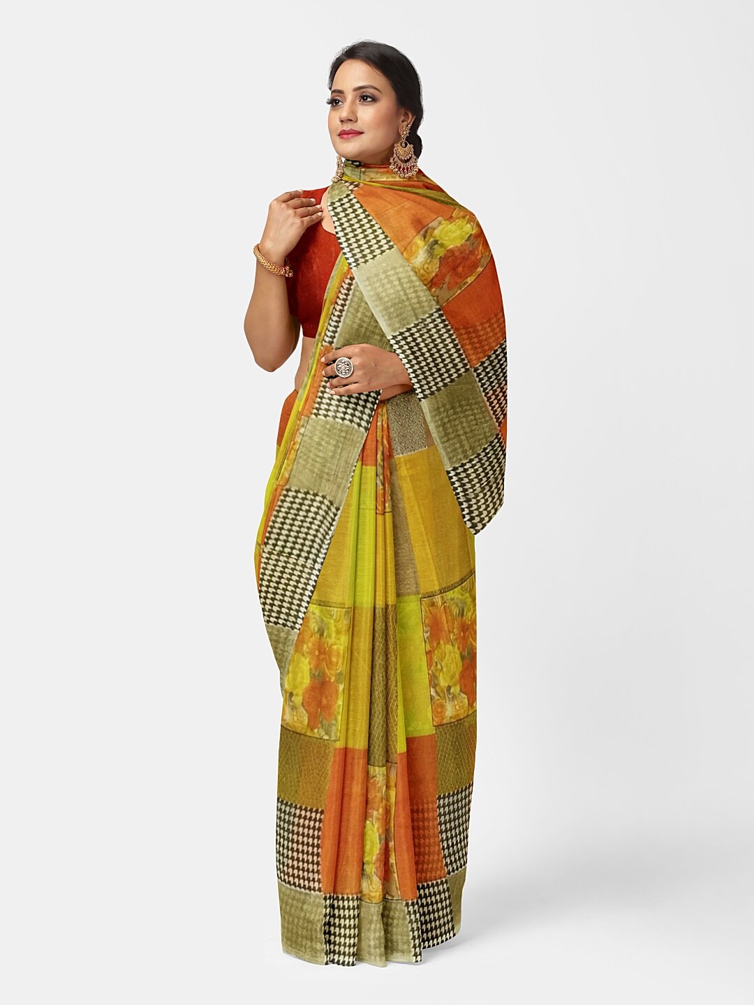 

KALINI Yellow & Orange Pure Georgette Fusion Saree