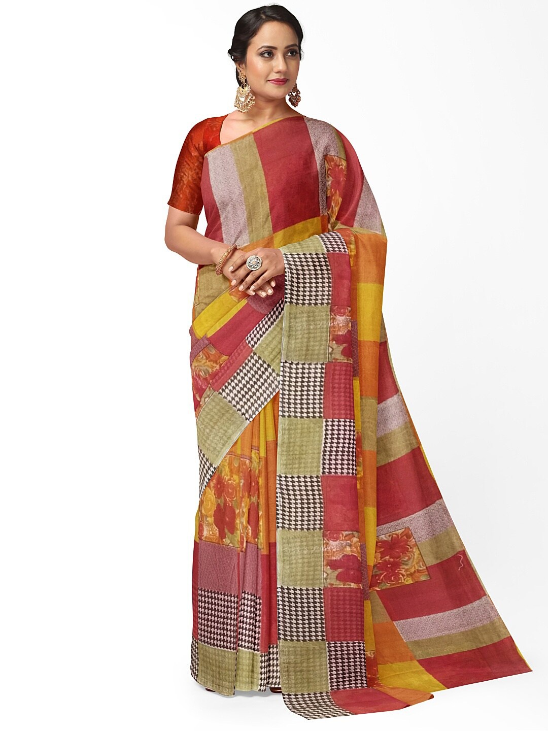 

KALINI Red & Yellow Ethnic Motifs Pure Georgette Fusion Dharmavaram Saree