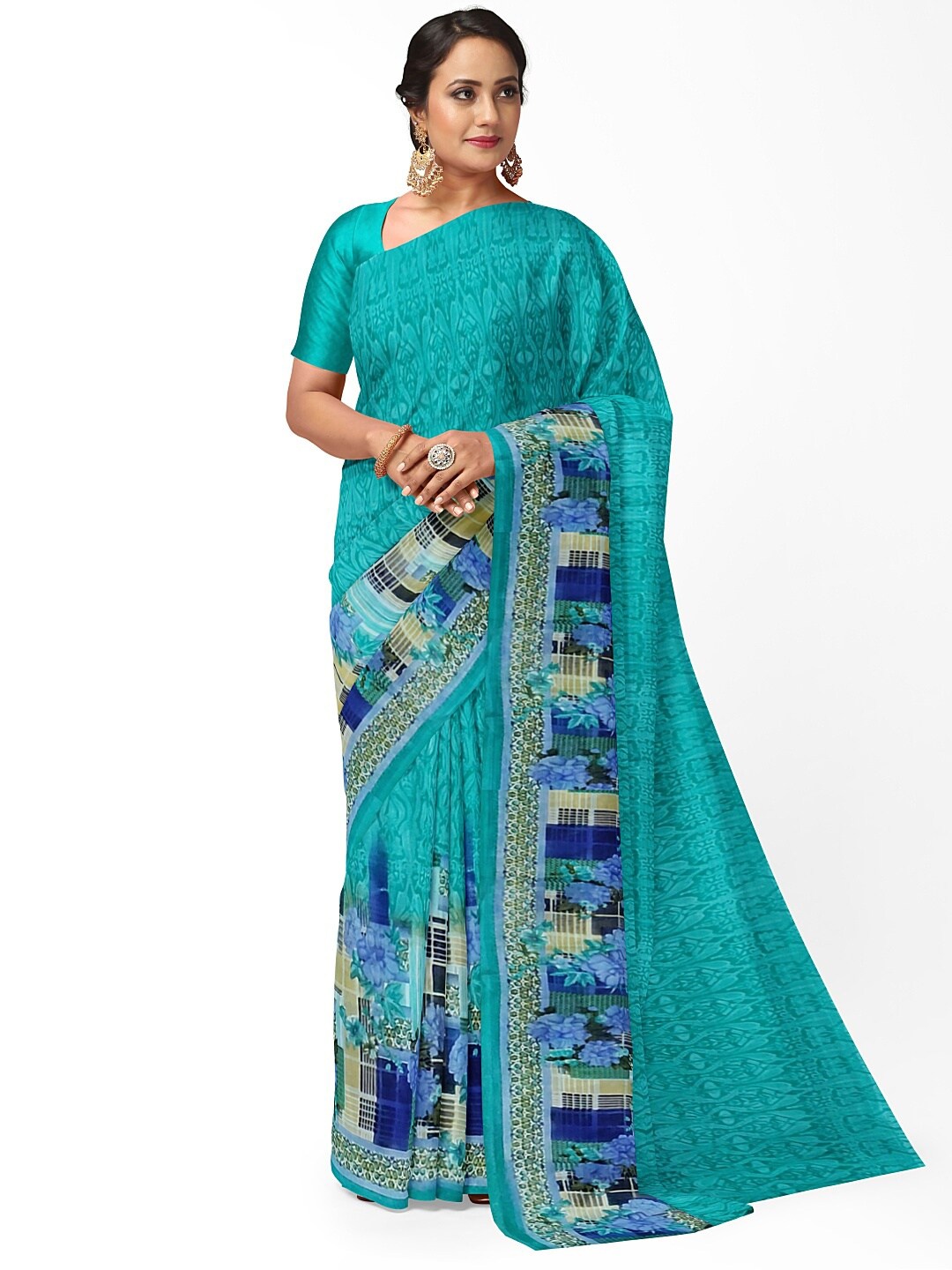 

KALINI Teal & White Floral Pure Georgette Fusion Dharmavaram Saree