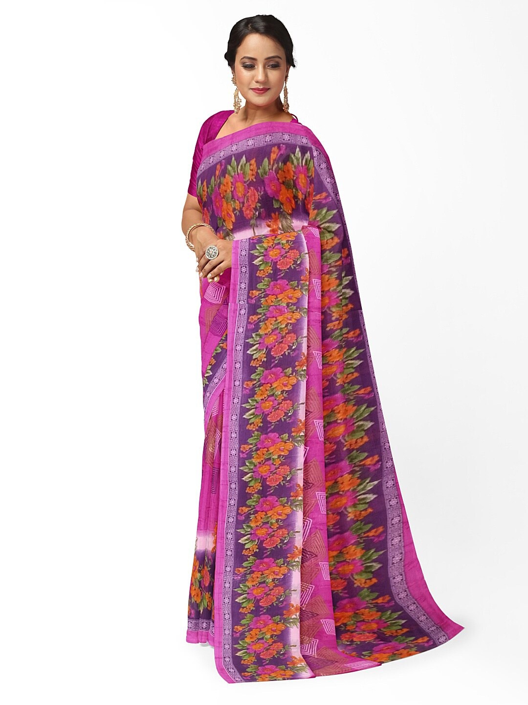 

KALINI Pink & Orange Floral Pure Georgette Fusion Dharmavaram Saree