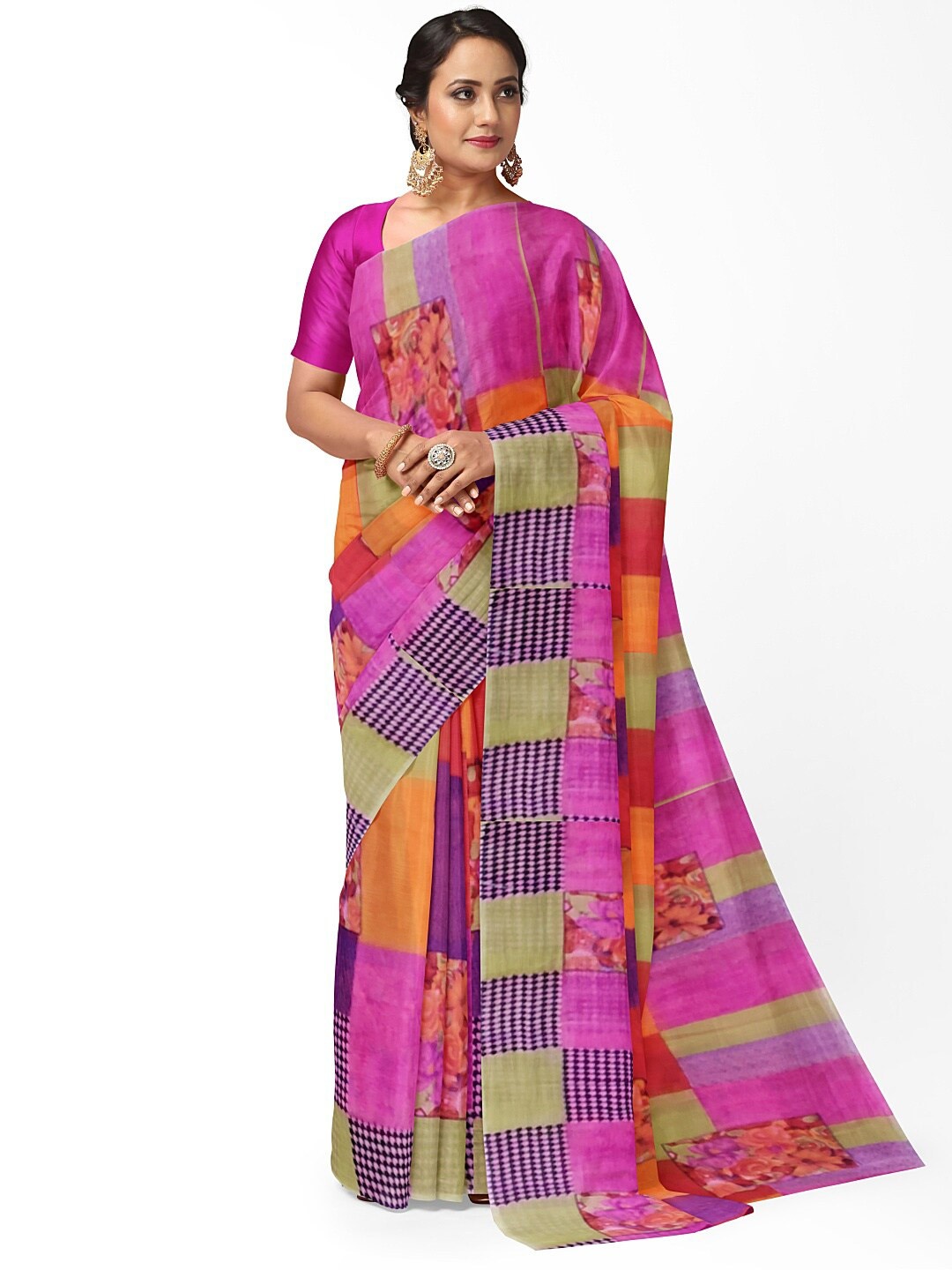 

KALINI Pink & Orange Ethnic Motifs Pure Georgette Fusion Dharmavaram Saree