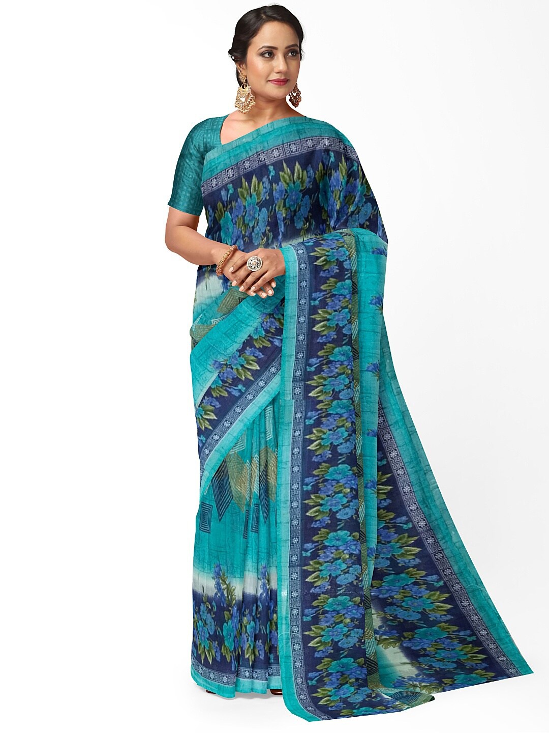 

KALINI Women Green & Blue Floral Printed Pure Georgette Fusion Saree