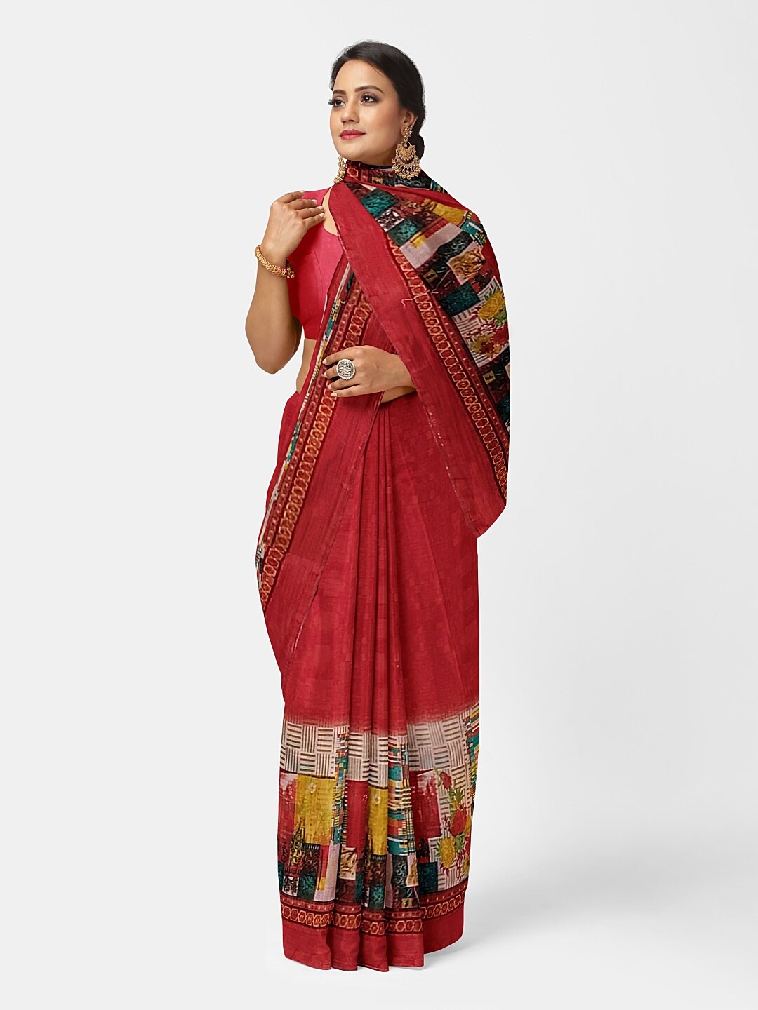

KALINI Red Printed Pure Georgette Fusion Dharmavaram Saree