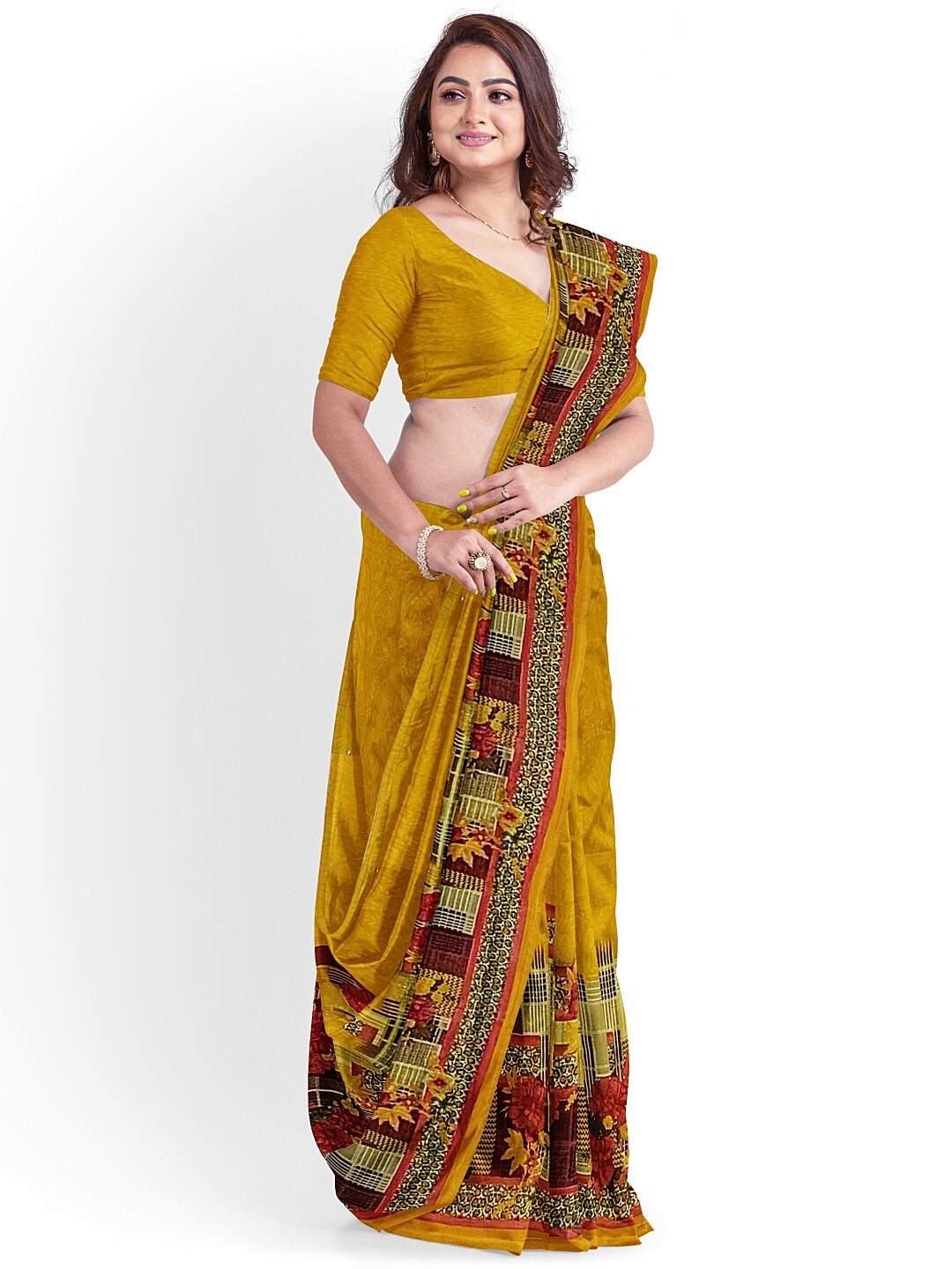 

KALINI Yellow & Red Floral Pure Georgette Fusion Dharmavaram Saree