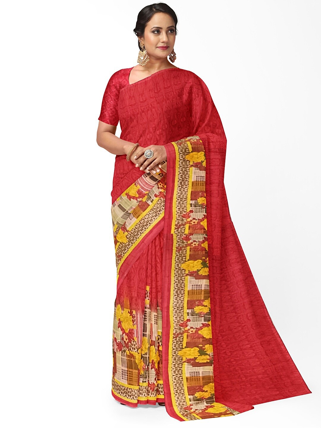 

KALINI Women Red & Yellow Floral Printed Pure Georgette Fusion Saree