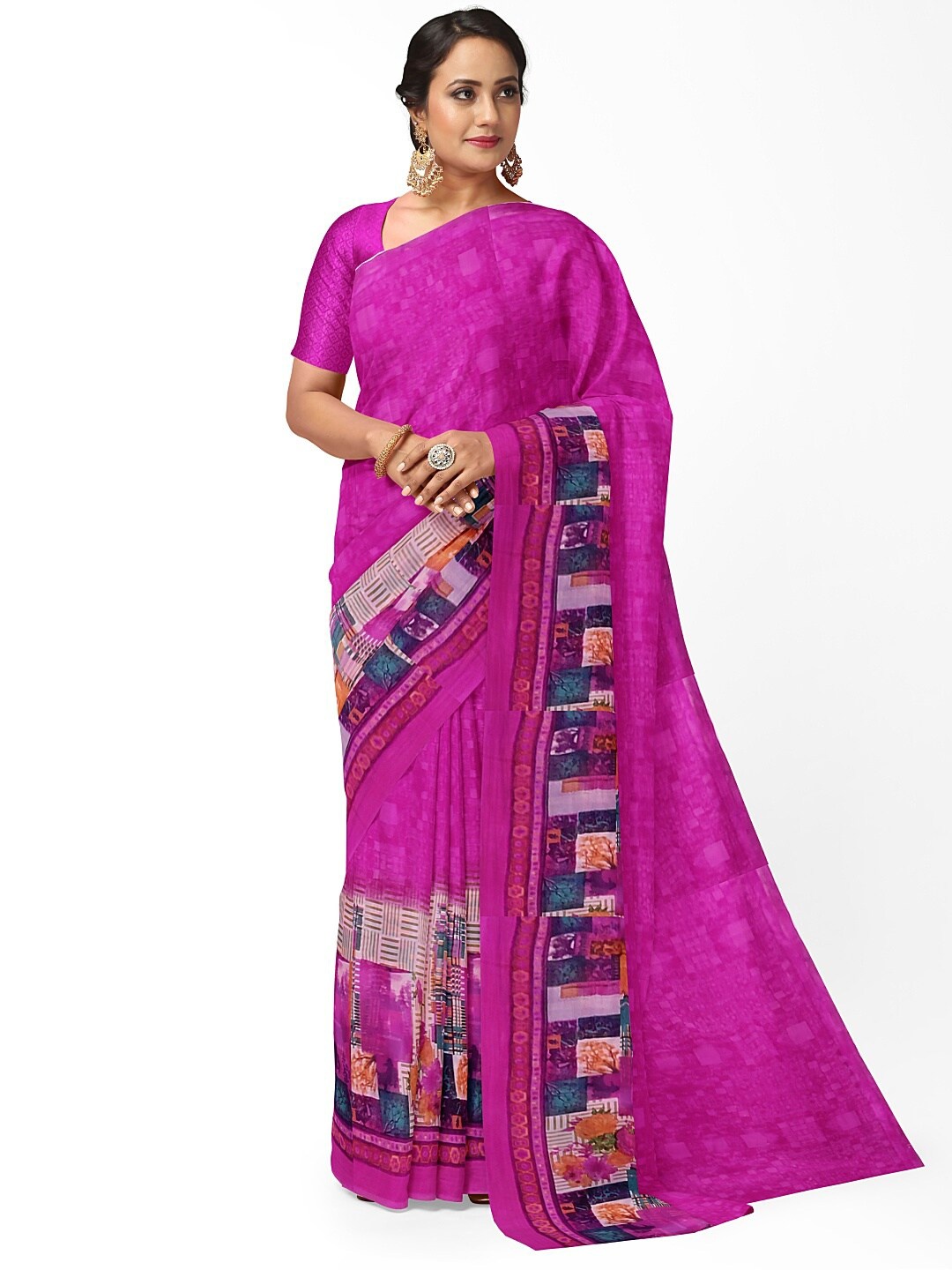 

KALINI Pink & Blue Colourblocked Pure Georgette Fusion Dharmavaram Saree