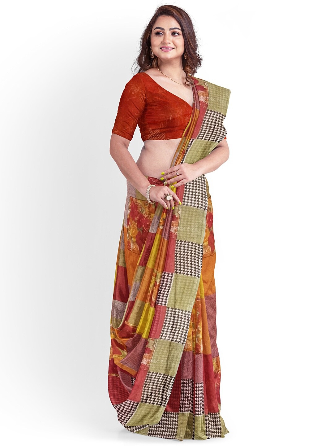 

KALINI Red & Yellow Pure Georgette Fusion Saree