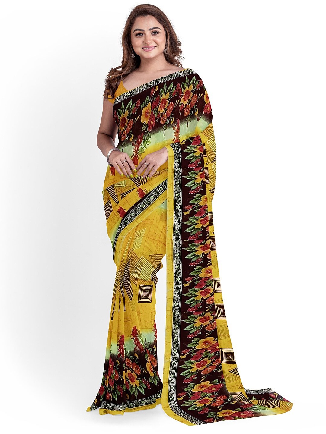 

KALINI Yellow & Pink Ethnic Motifs Pure Georgette Fusion Dharmavaram Saree