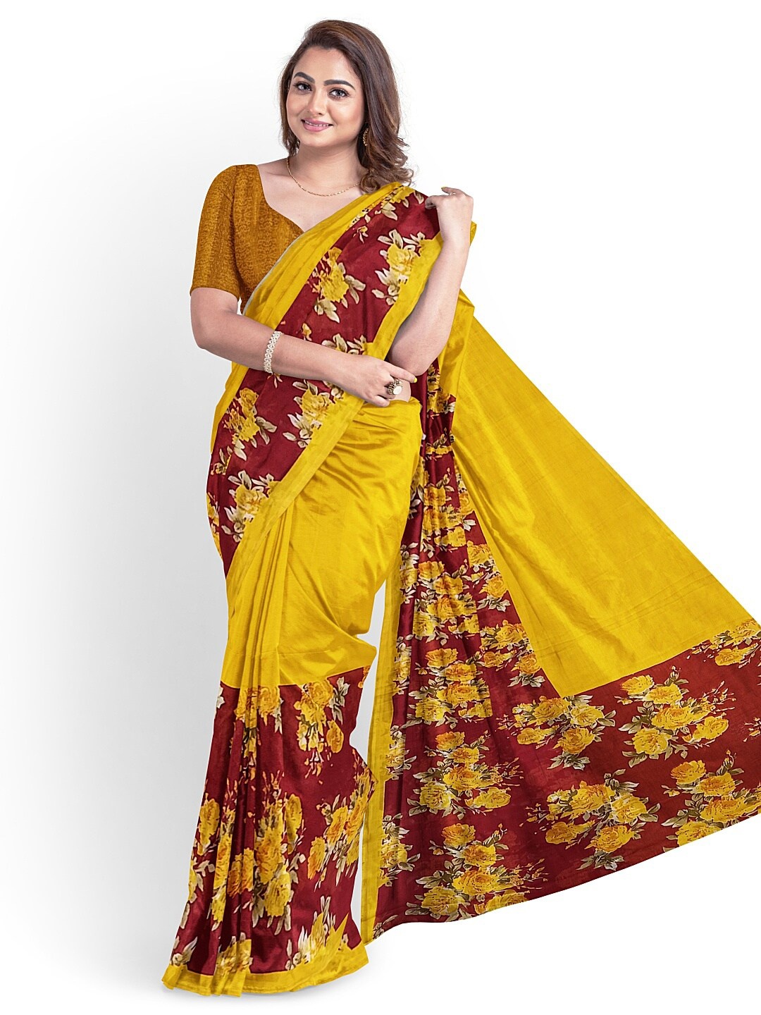 

KALINI Women Yellow & Maroon Floral Printed Pure Georgette Fusion Saree