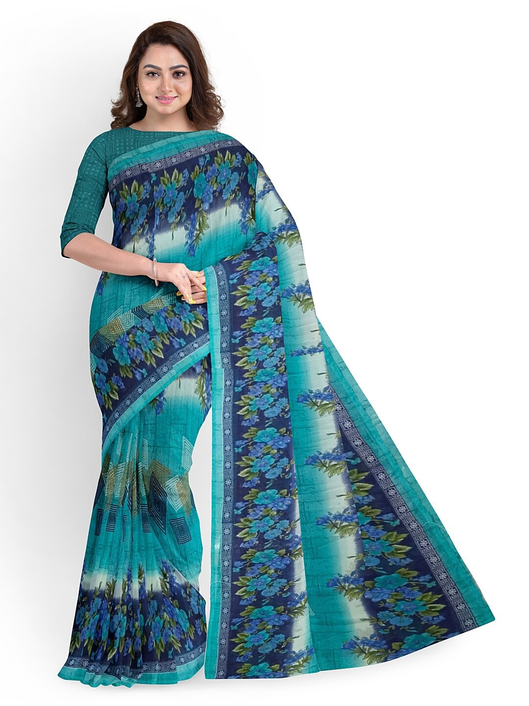 

KALINI Women Green & Blue Floral Printed Pure Georgette Fusion Saree
