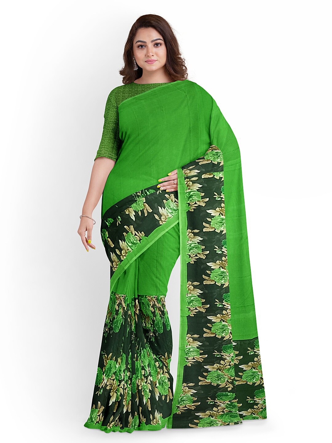

KALINI Green & Beige Floral Pure Georgette Fusion Dharmavaram Saree
