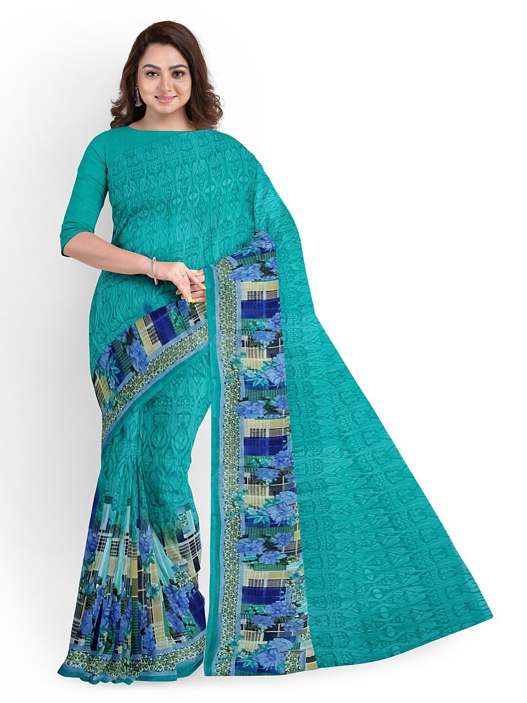 

KALINI Teal Floral Pure Georgette Fusion Dharmavaram Saree