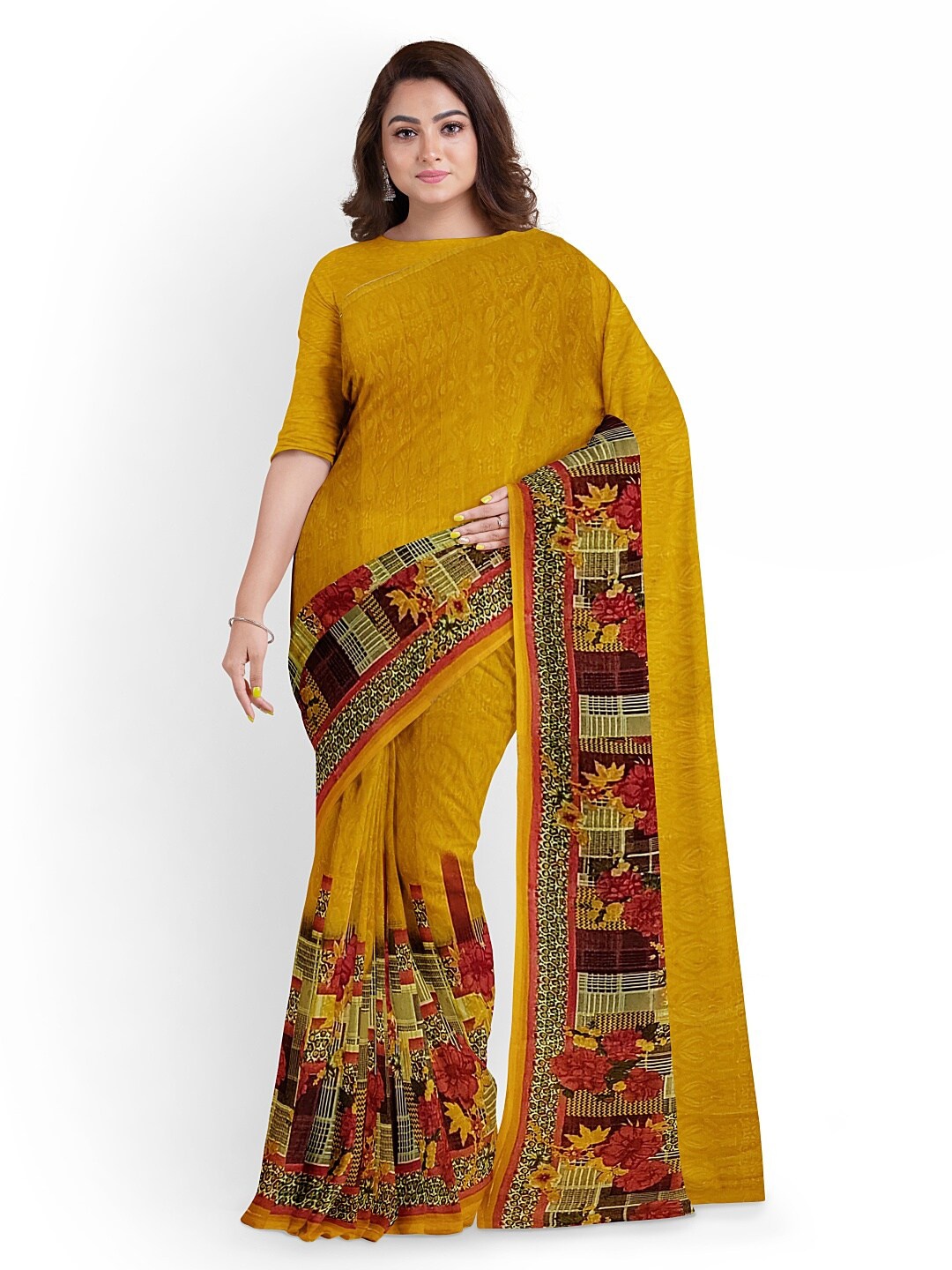 

KALINI Yellow & Red Floral Pure Georgette Fusion Dharmavaram Saree