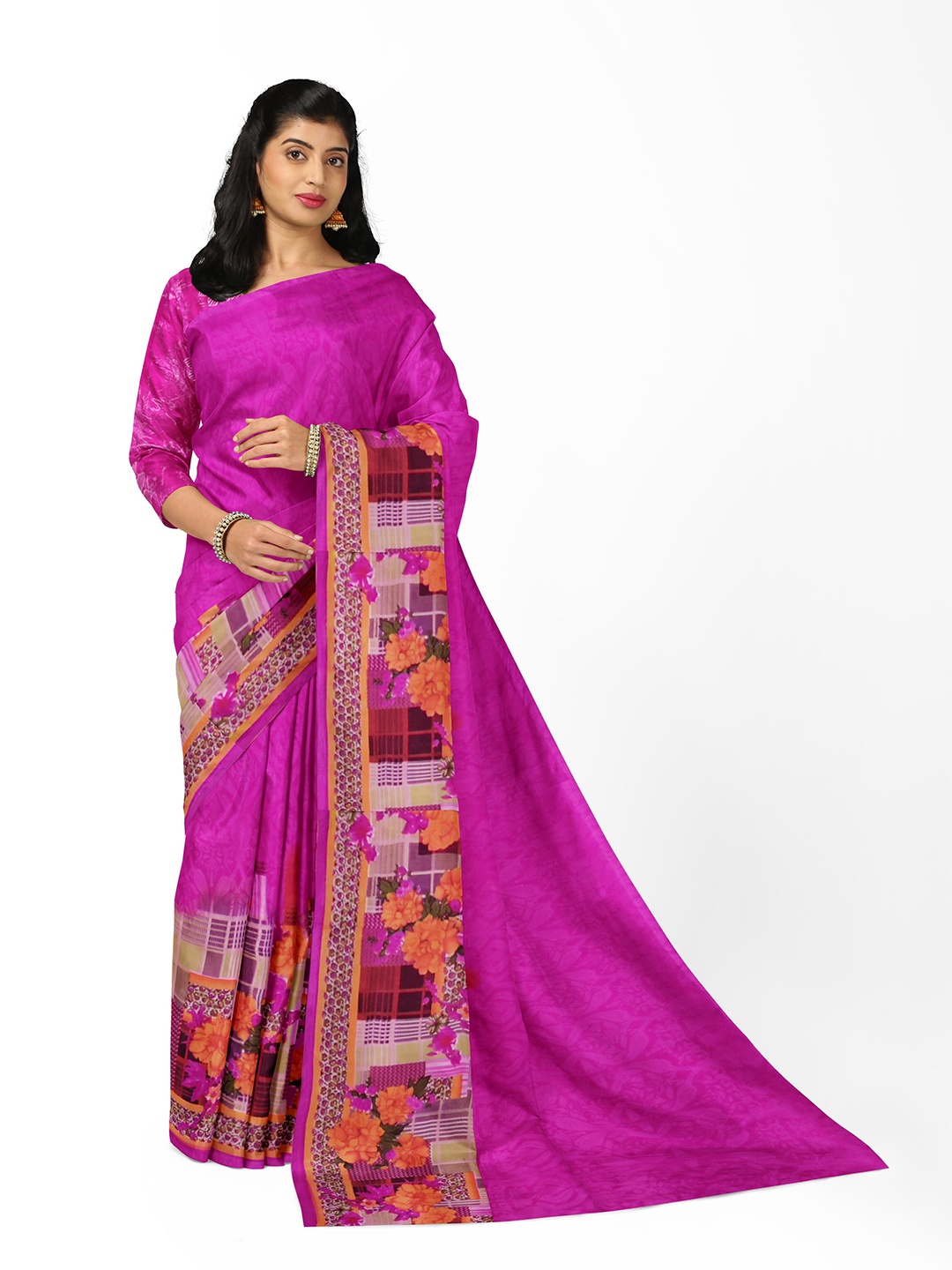 

KALINI Pink & Yellow Floral Pure Georgette Fusion Dharmavaram Saree