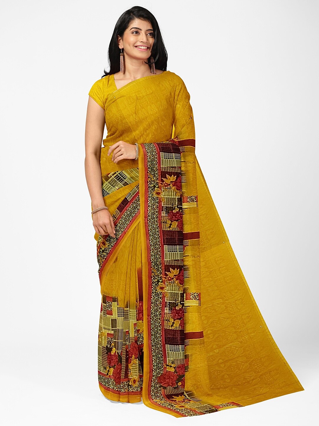

KALINI Yellow & Red Floral Pure Georgette Fusion Dharmavaram Saree