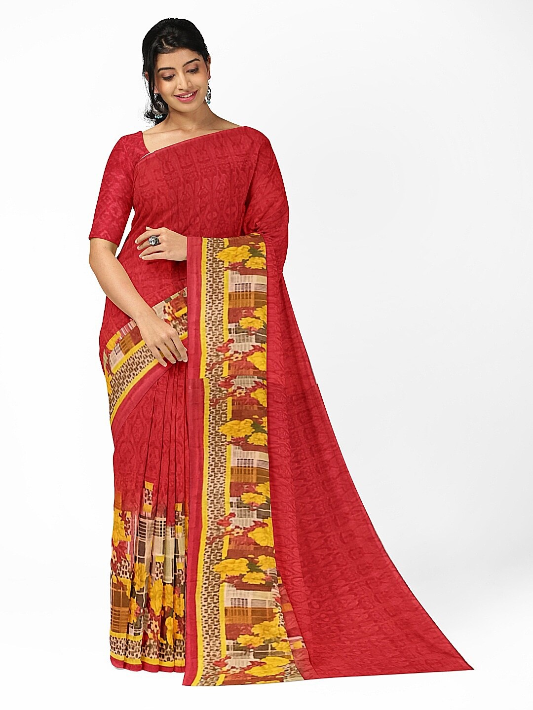

KALINI Women Red & Yellow Floral Graphic Printed Pure Georgette Fusion Saree