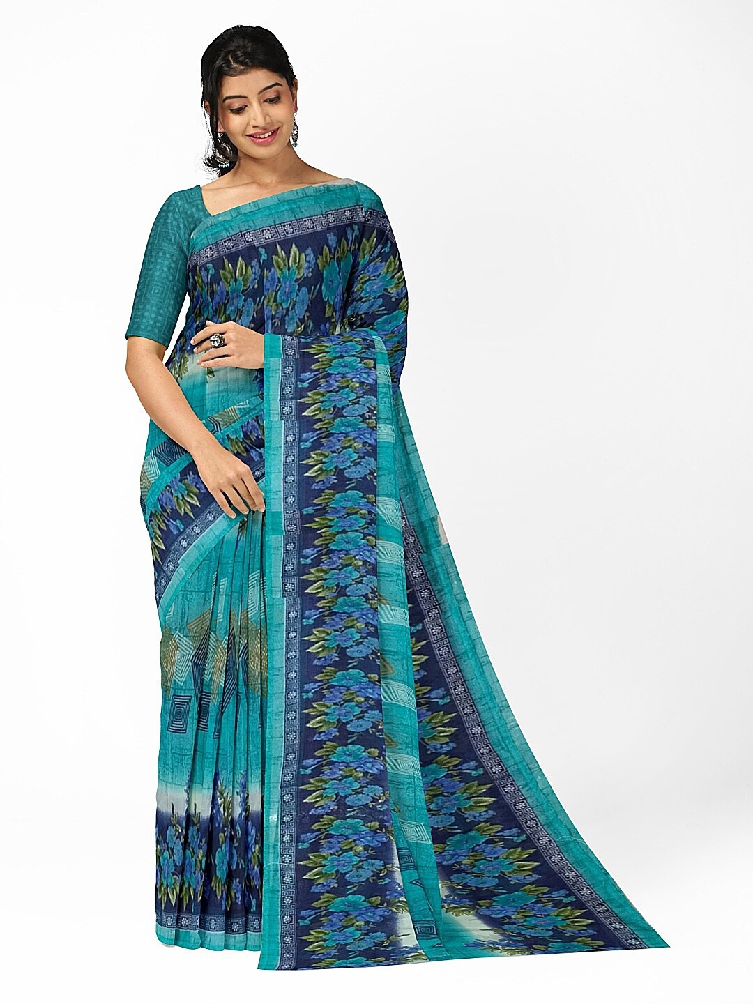 

KALINI Green & White Floral Pure Georgette Fusion Dharmavaram Saree