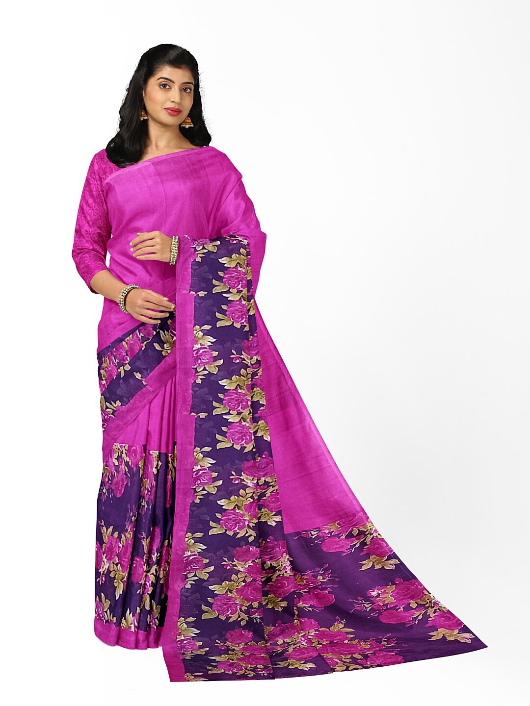 

KALINI Pink & Blue Floral Pure Georgette Fusion Dharmavaram Saree