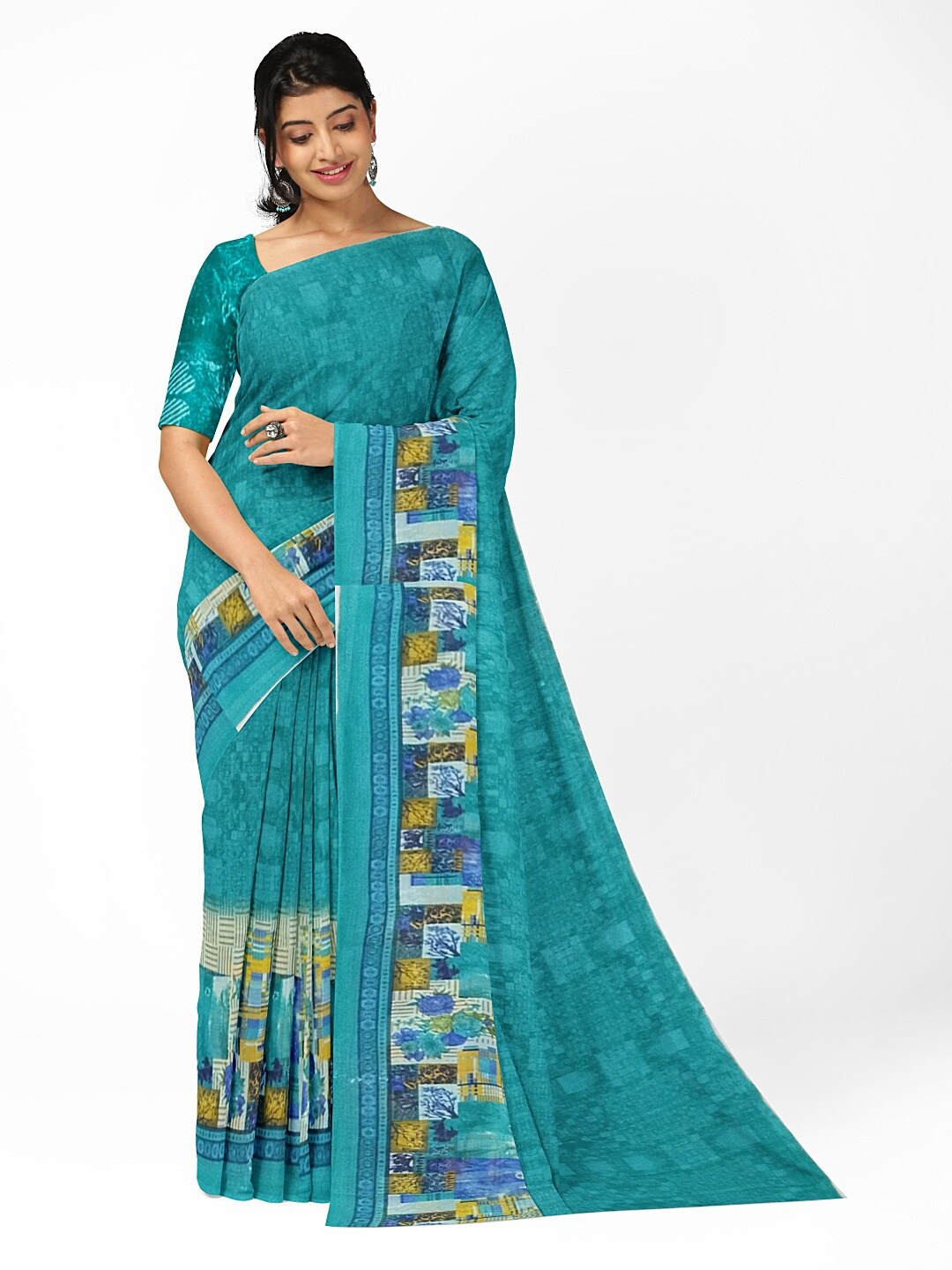 

KALINI Green & Yellow Printed Pure Georgette Saree