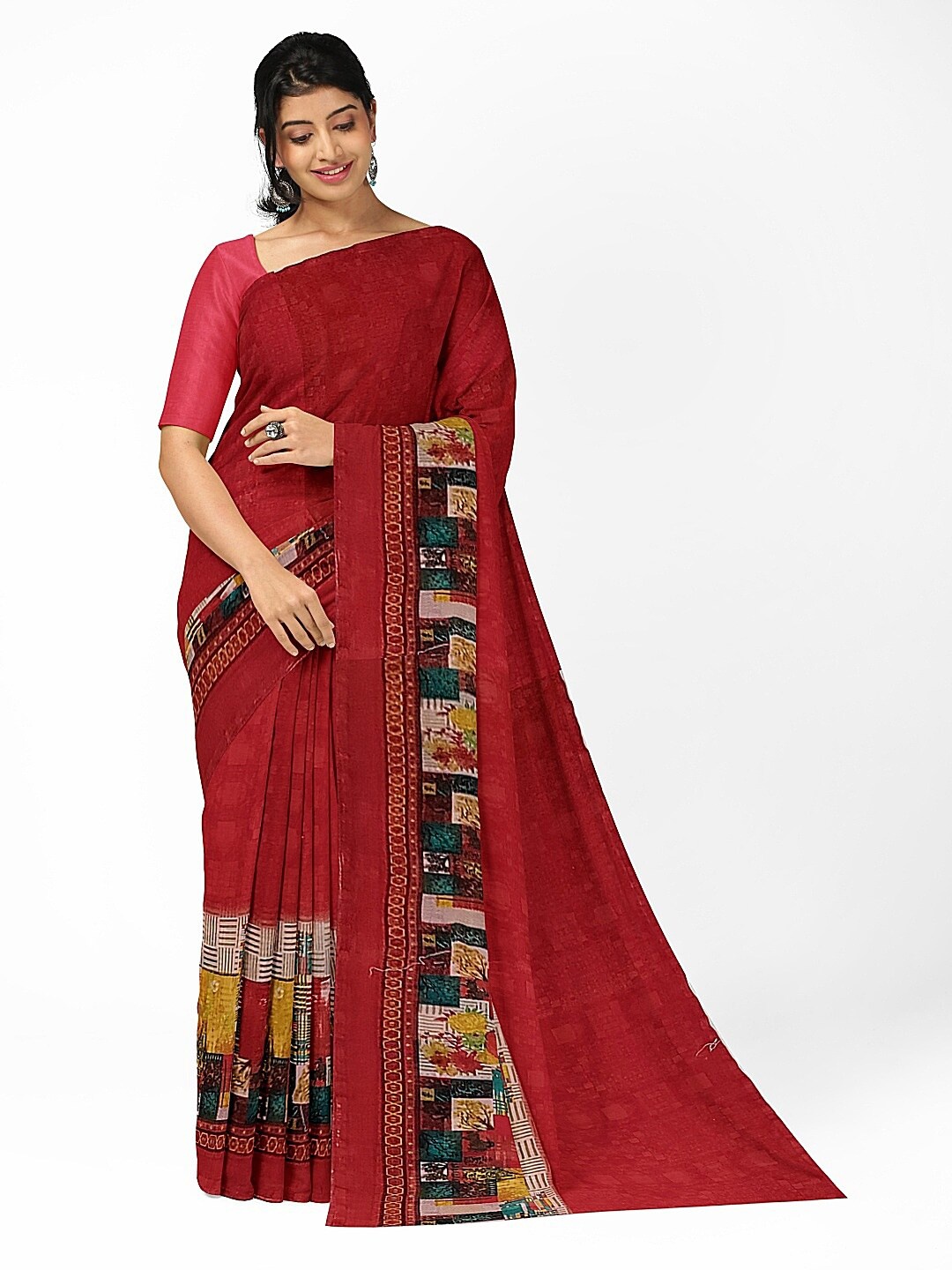 

KALINI Peach Red-Coloured & Blue Colourblocked Pure Georgette Fusion Dharmavaram Saree