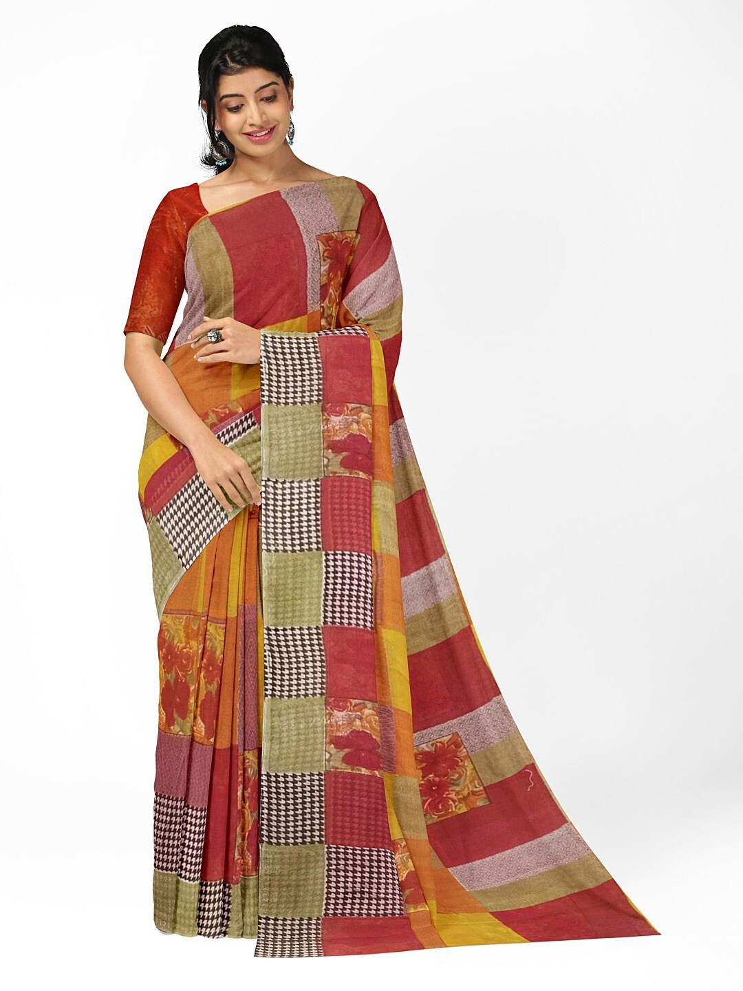 

KALINI Red & Yellow Ethnic Motifs Pure Georgette Fusion Dharmavaram Saree