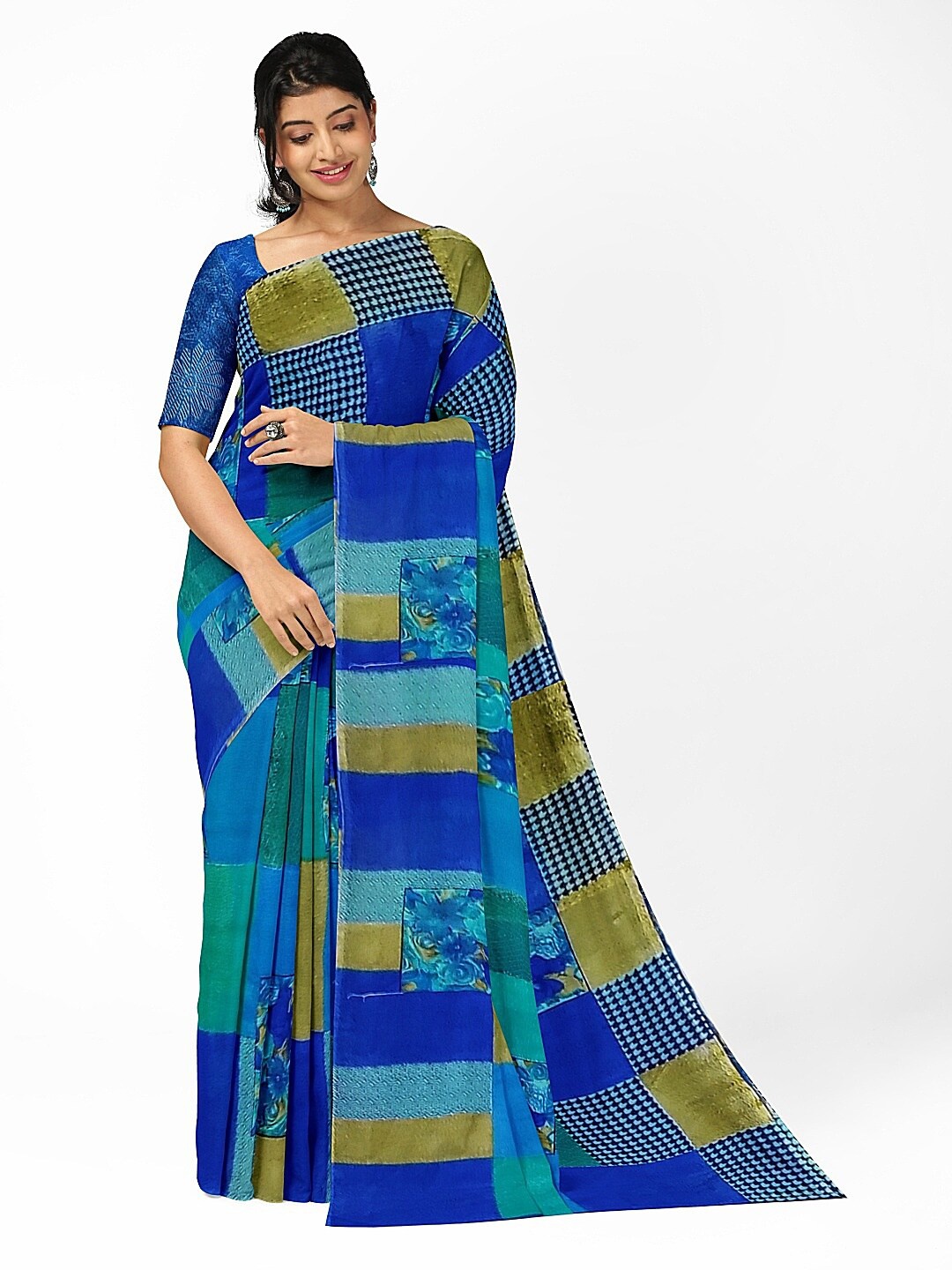 

KALINI Blue & Olive Green Pure Georgette Fusion Dharmavaram Saree