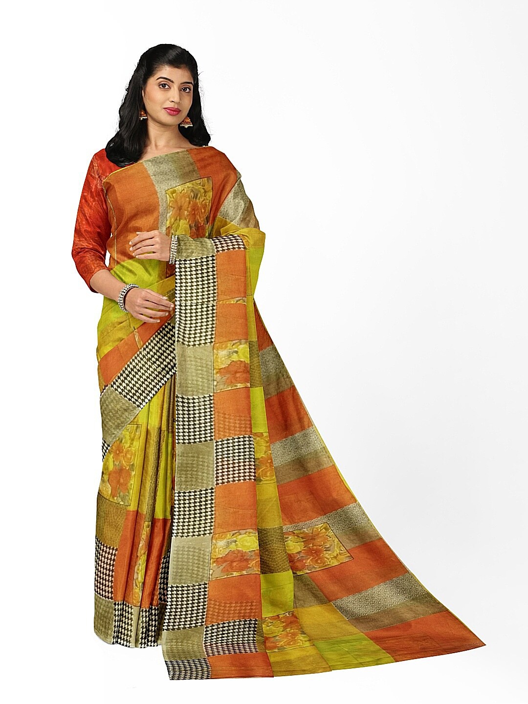 

KALINI Yellow & Green Ethnic Motifs Pure Georgette Fusion Dharmavaram Saree