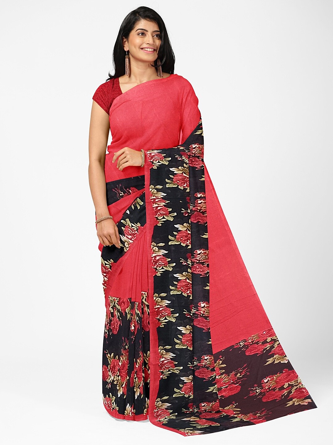 

KALINI Red & Black Floral Pure Georgette Fusion Dharmavaram Saree