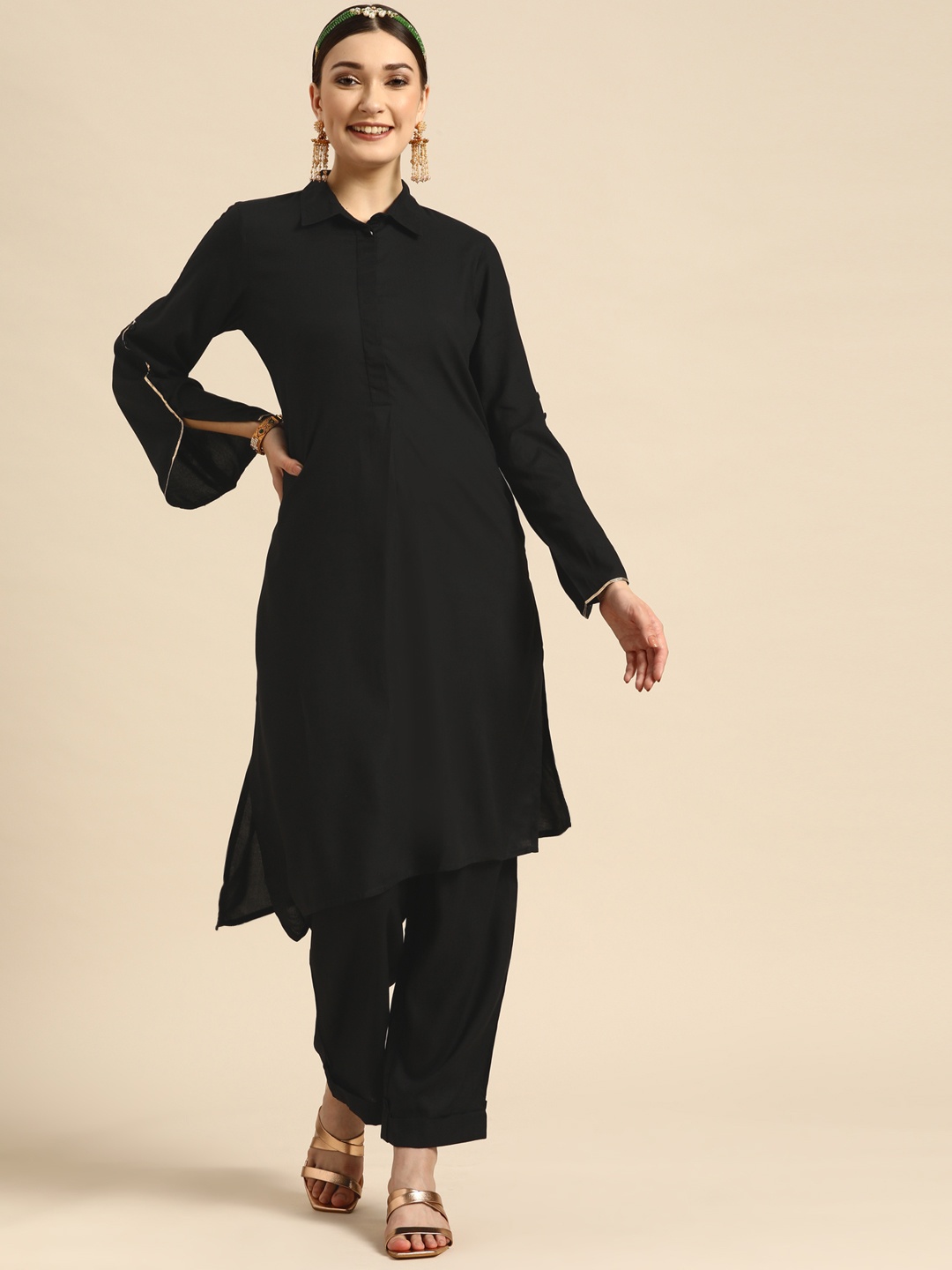 

Sangria Women Black Solid Pathani Kurta with Trousers