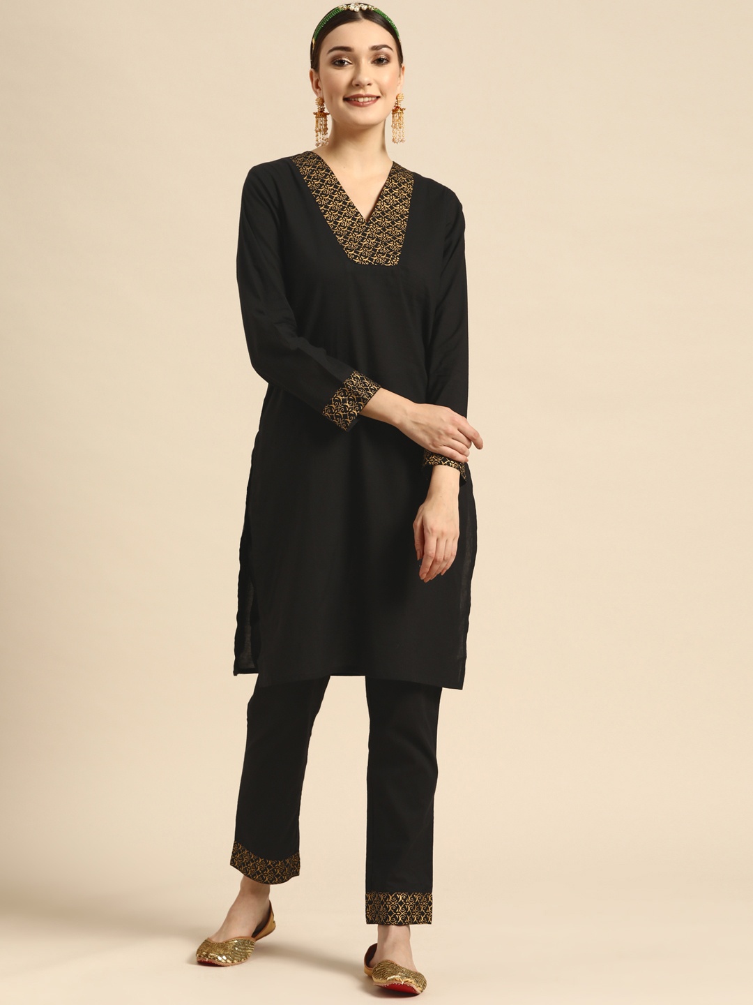 Sangria Women Black Ethnic Motifs Printed Pure Cotton Kurta with Trousers