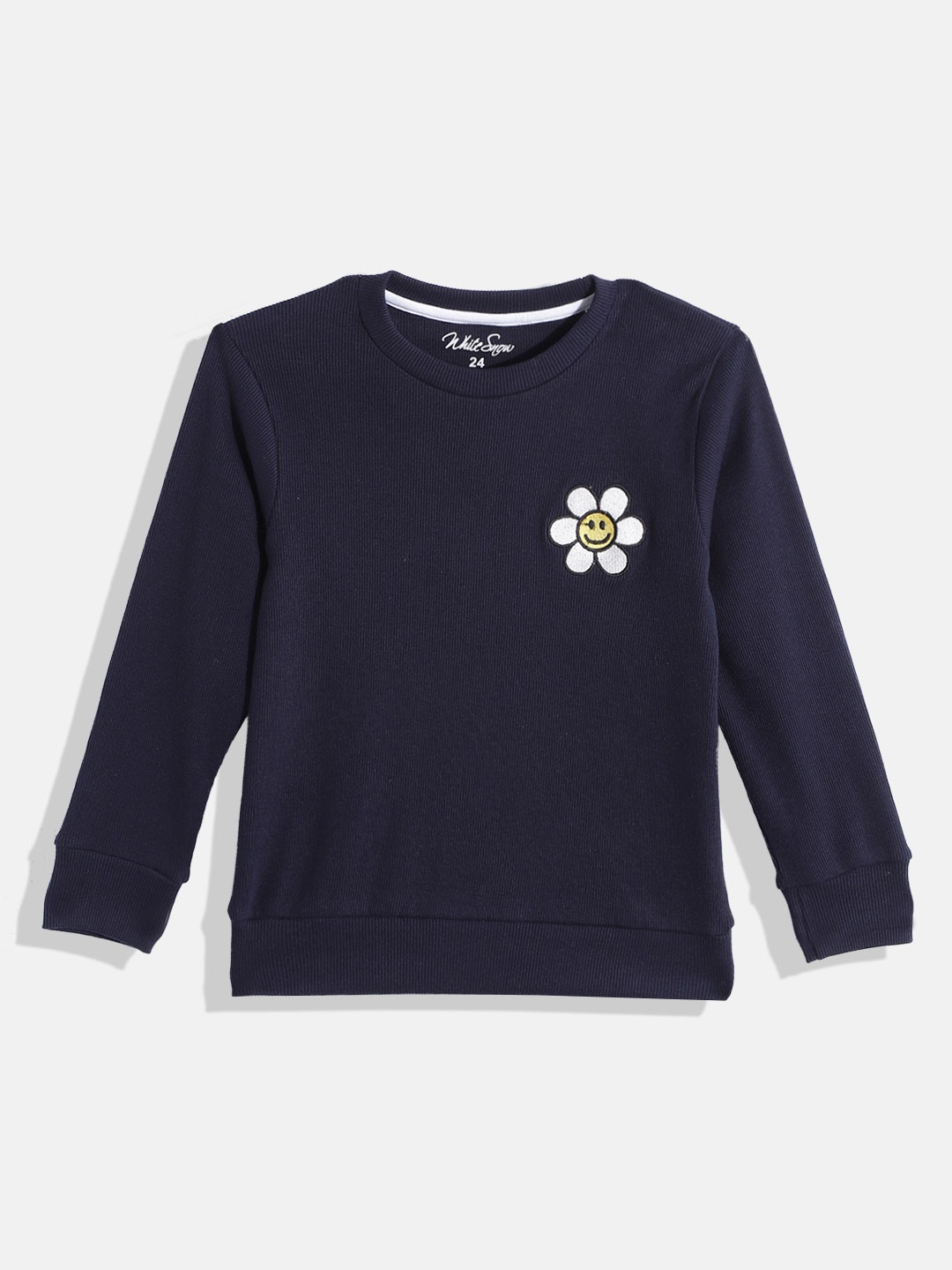 

White Snow Girls Navy Blue & White Self Striped Flower Applique Detail Sweatshirt