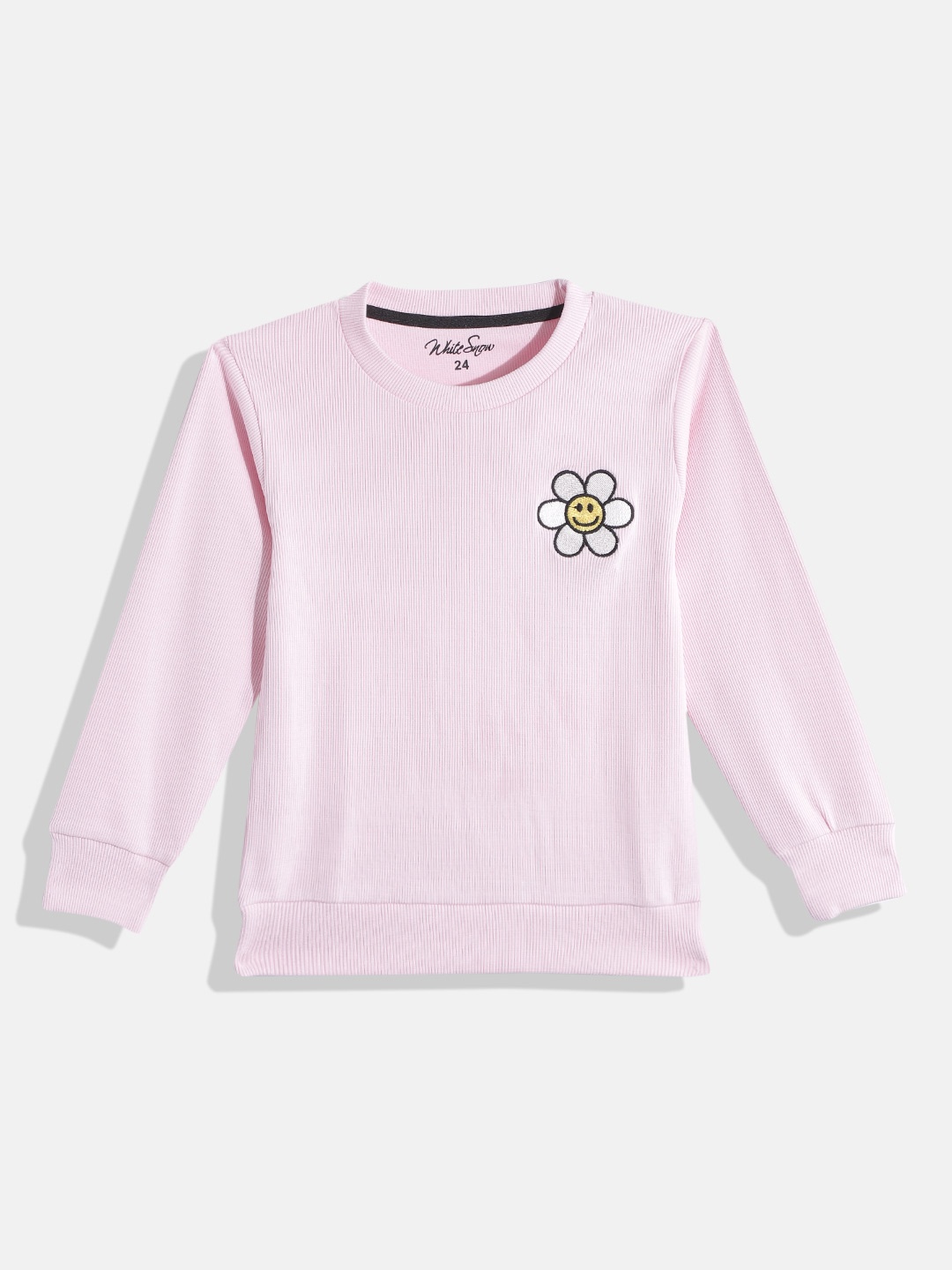 

White Snow Girls Pink & White Self Striped Sweatshirt with Floral Applique