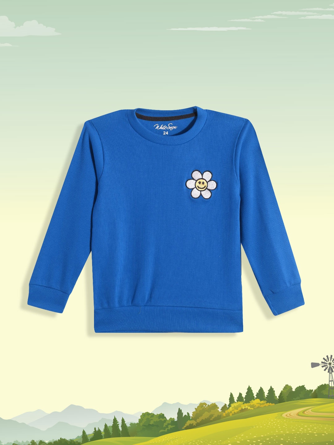 

White Snow Girls Blue & White Self Striped Flower Applique Detail Sweatshirt