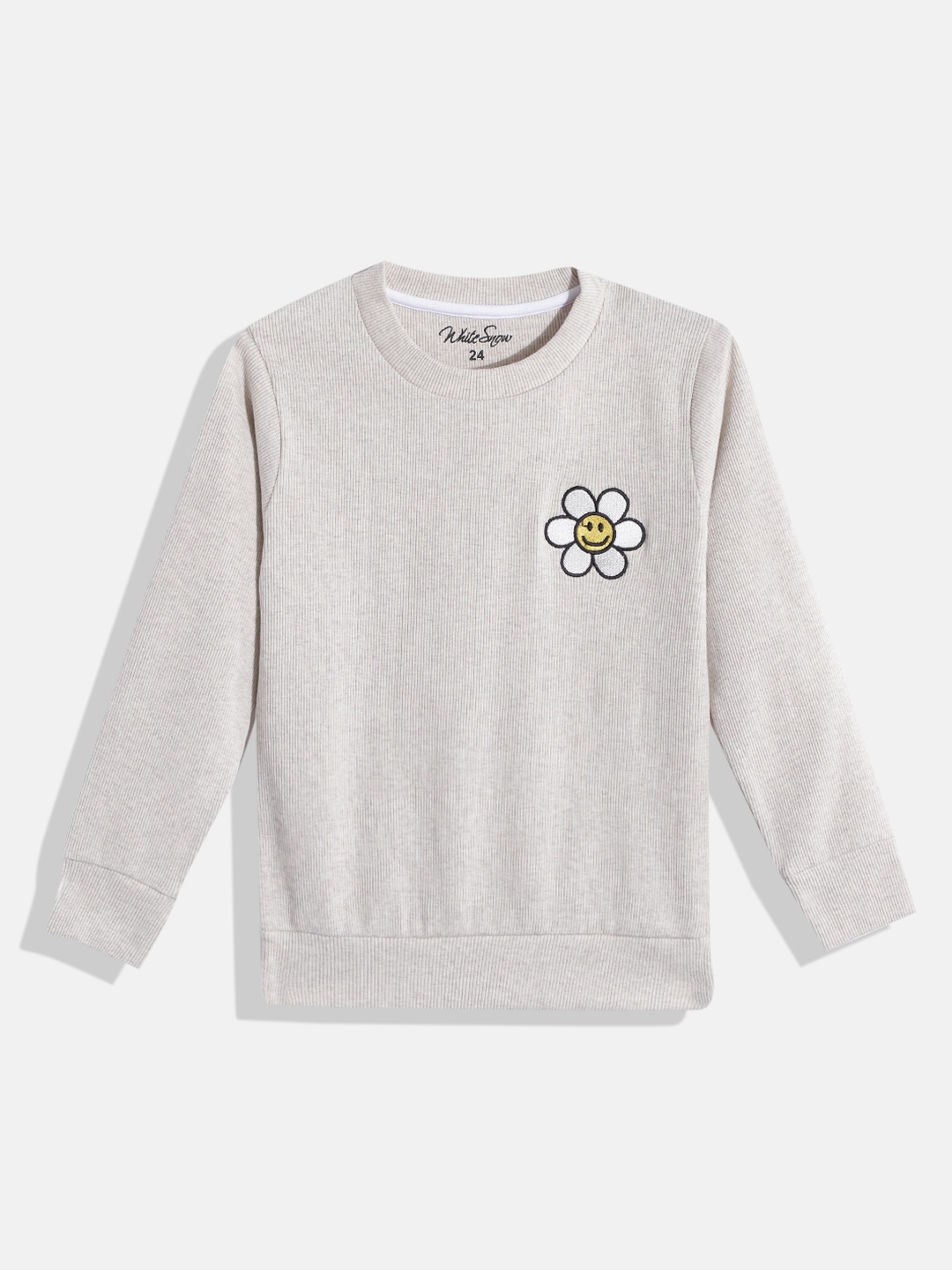 

White Snow Girls Off-White & Yellow Self Striped Flower Applique Detail Sweatshirt