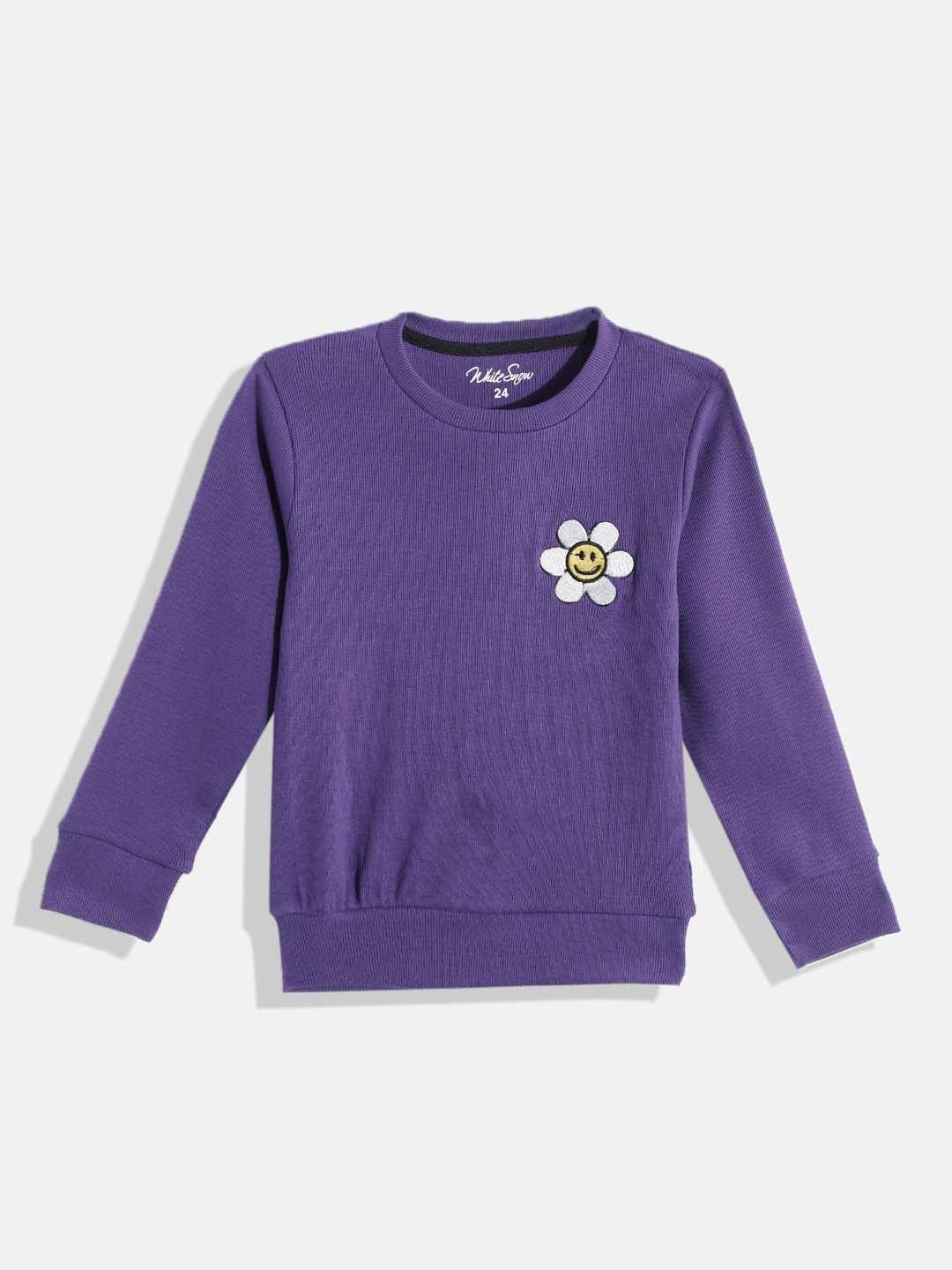 

White Snow Girls Purple & White Self Striped Flower Applique Detail Sweatshirt