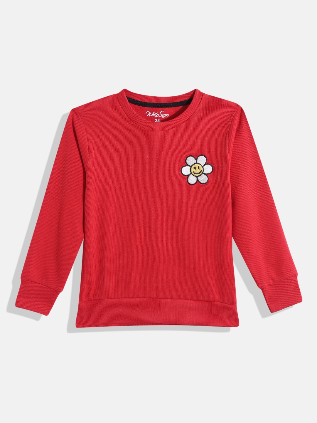 

White Snow Girls Red & White Self Striped Flower Applique Detail Sweatshirt