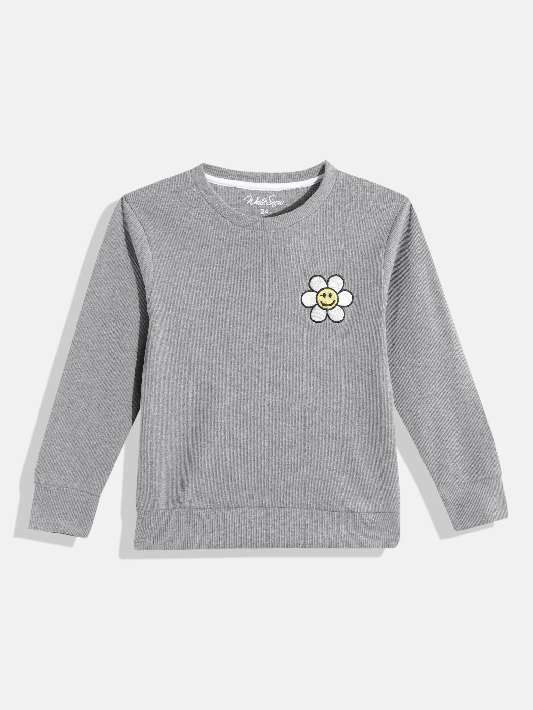 

White Snow Girls Grey & White Self Striped Flower Applique Detail Sweatshirt