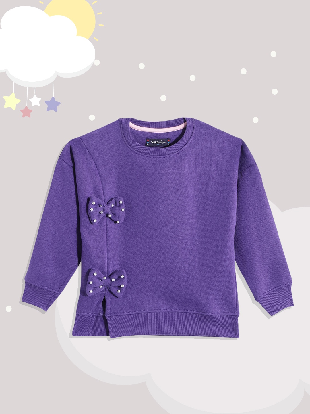 

White Snow Girls Aubergine Solid Sweatshirt with Side Slit & Beaded Bow, Purple
