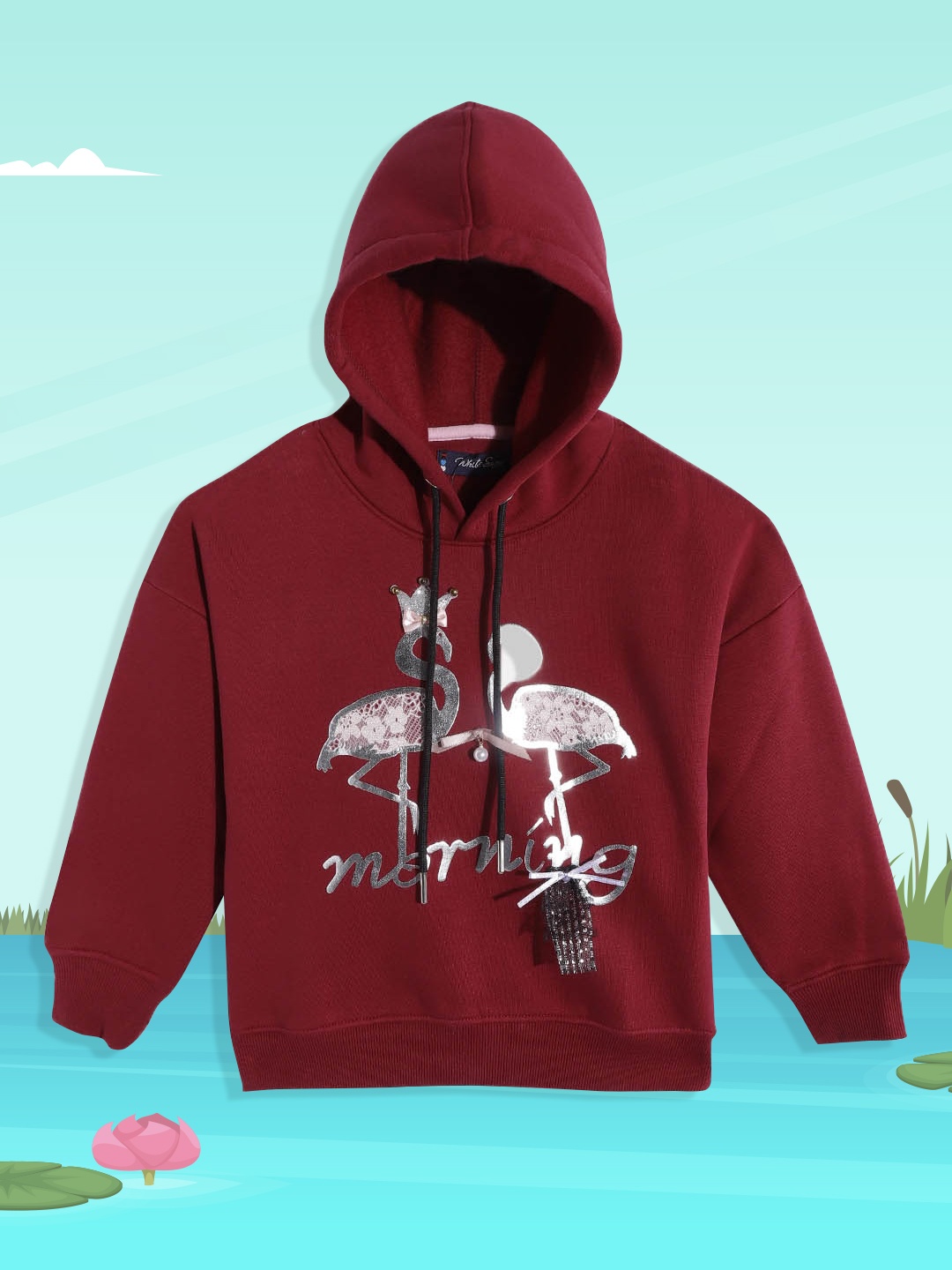 

White Snow Girls Maroon & Silver Tropical Print Lace Inserts Hooded Sweatshirt