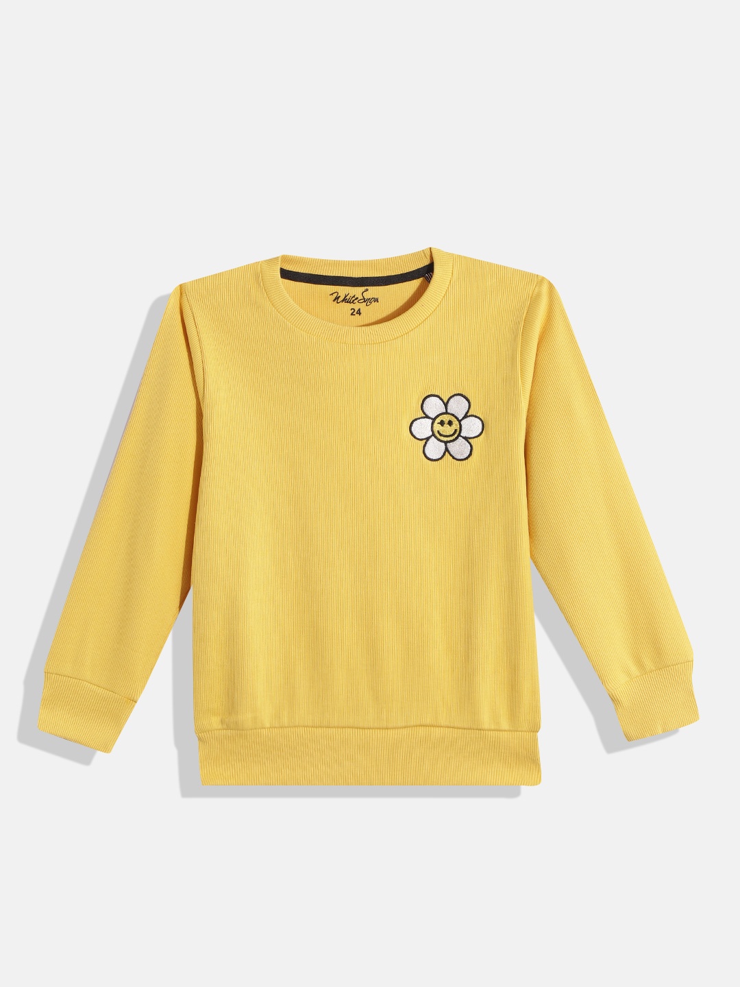 

White Snow Girls Yellow & White Self Striped Flower Applique Detail Sweatshirt