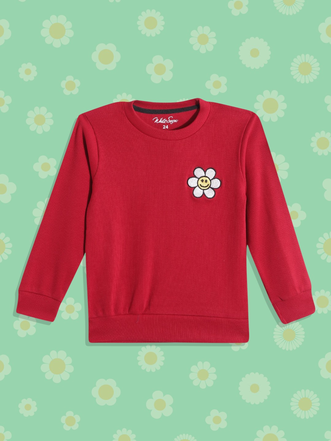 

White Snow Girls Maroon & White Self Striped Flower Applique Detail Sweatshirt