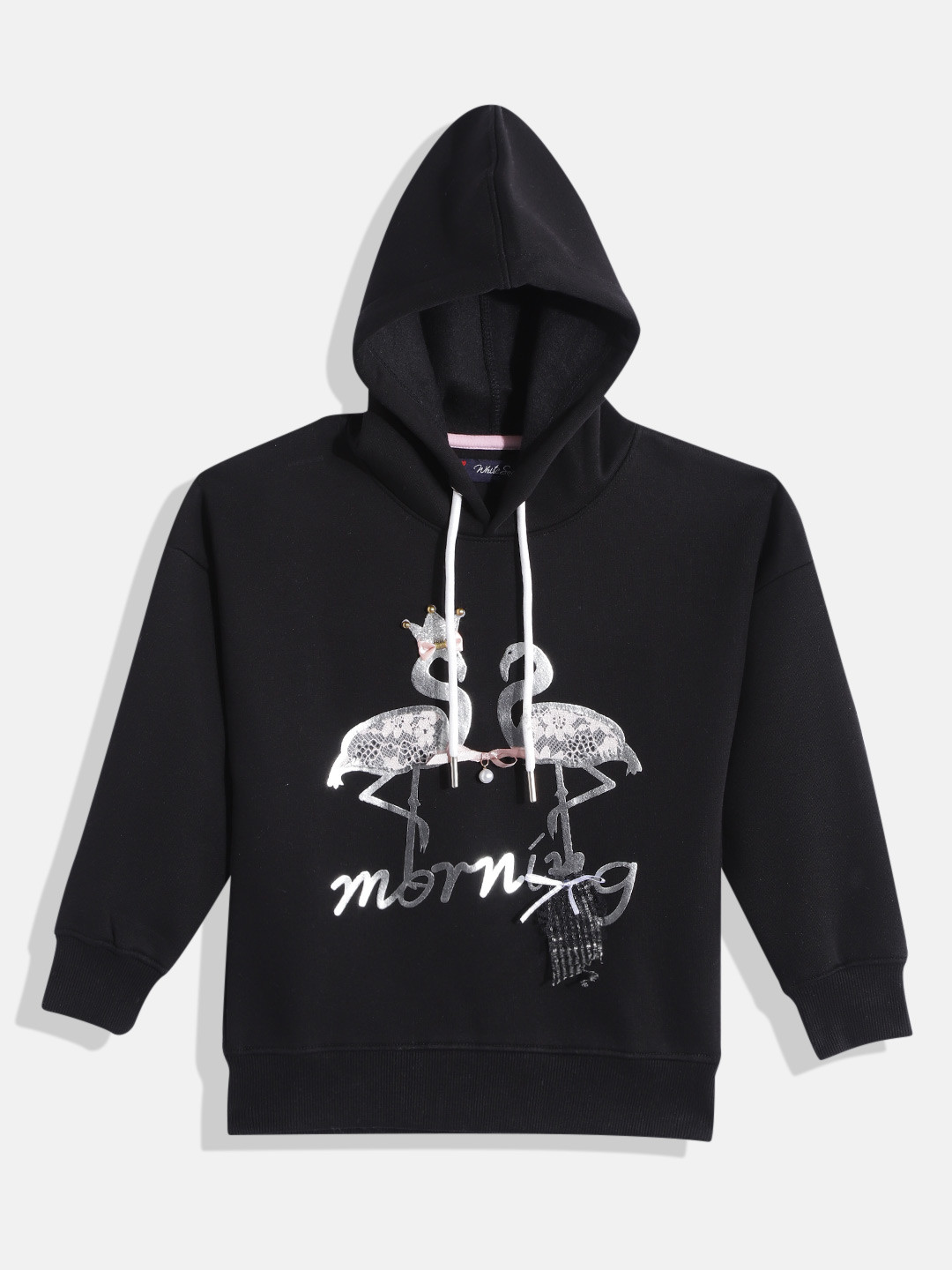 

White Snow Girls Black & Silver Tropical Printed Lace Insert Hooded Sweatshirt