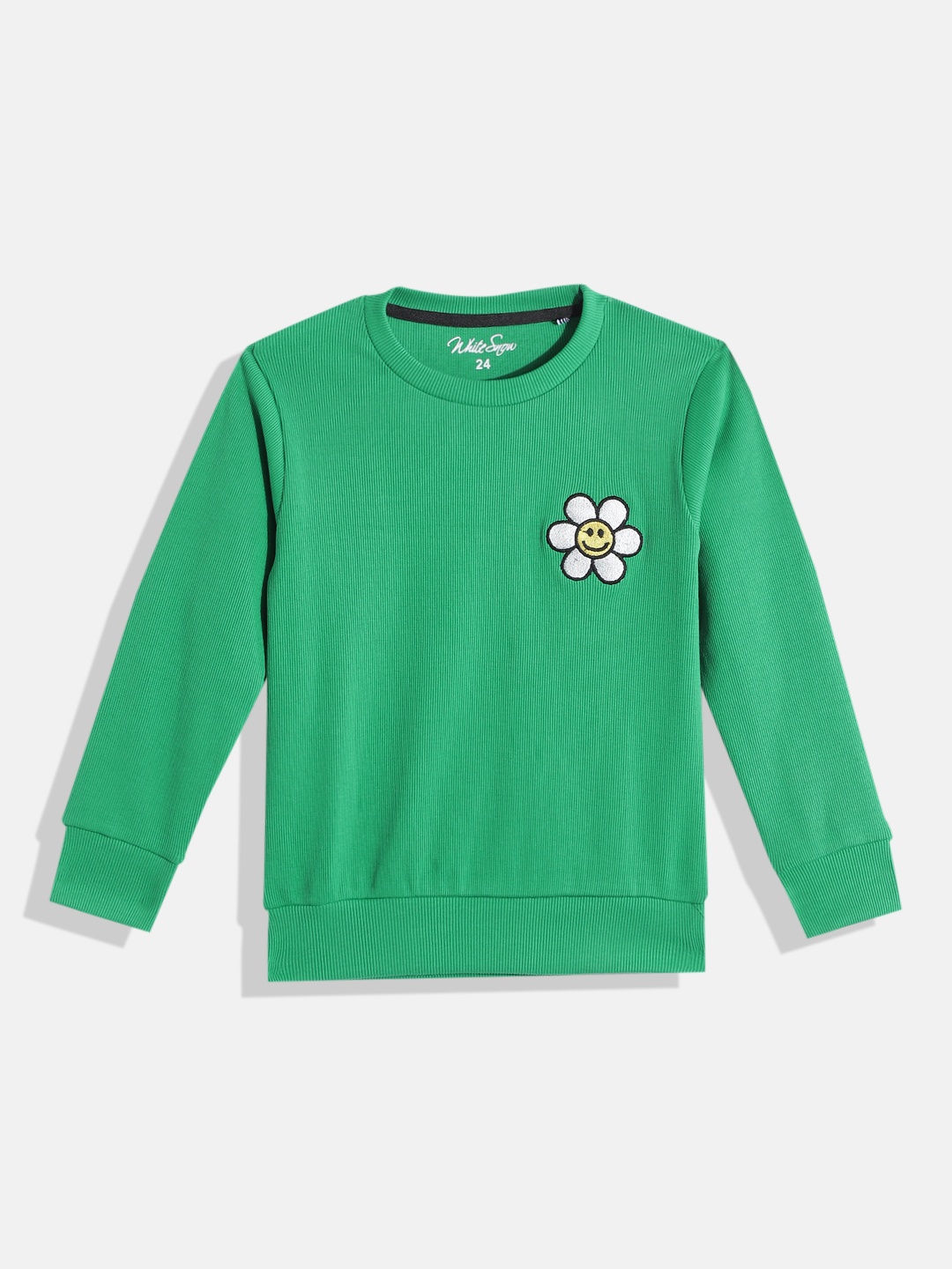 

White Snow Girls Green & White Self Striped Flower Applique Detail Sweatshirt