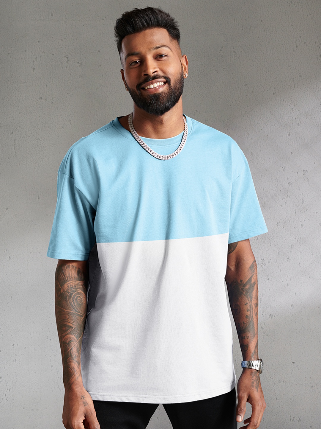 

The Souled Store Men Sky Blue & White Colourblocked Oversized T-Shirt
