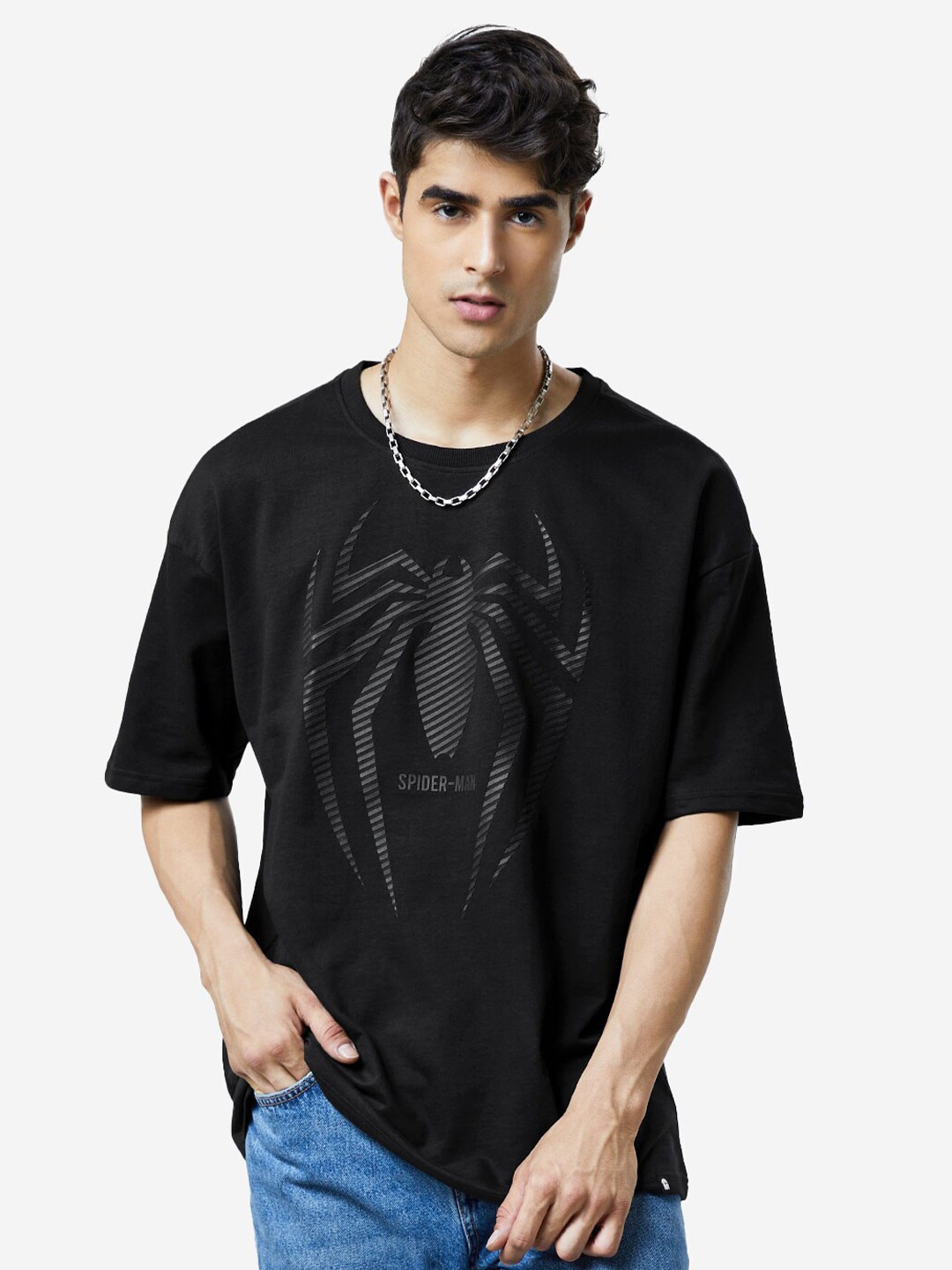 

The Souled Store Men Spider-Man Crime Fighter Printed Oversized T-Shirt, Black