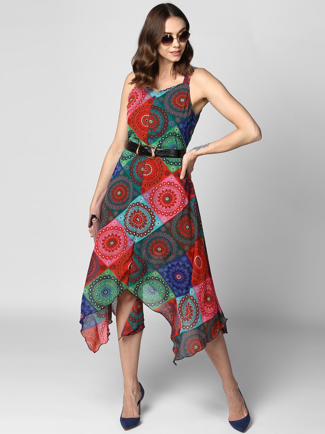 

StyleStone Multicoloured Ethnic Motifs Georgette A-Line Midi Dress, Multi