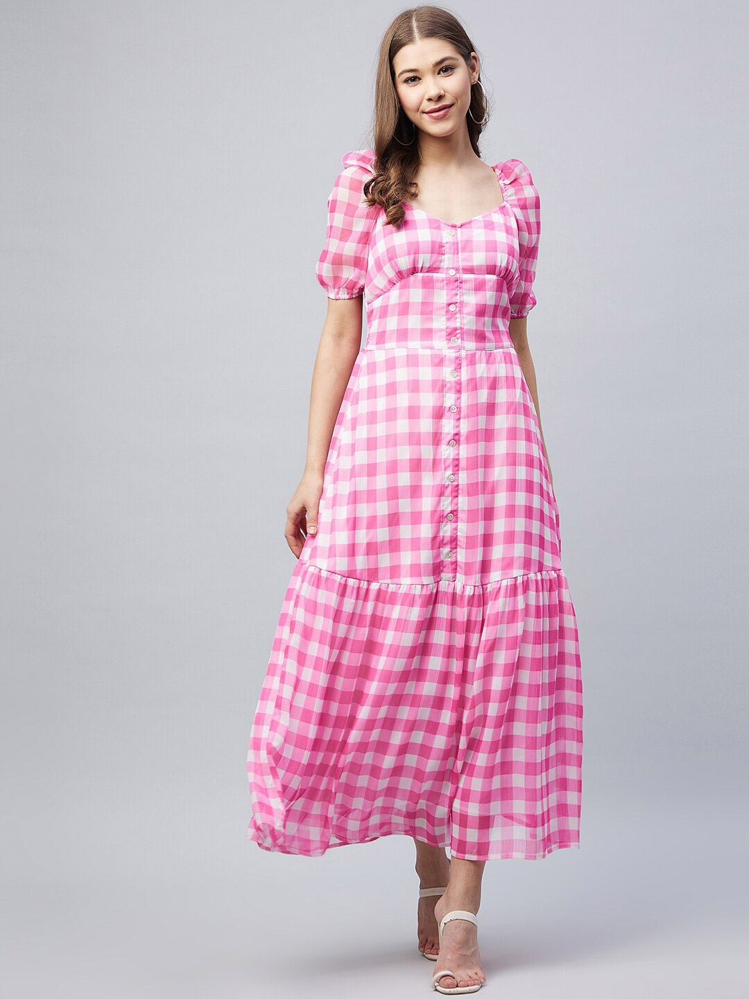 

StyleStone Pink Checked Georgette Maxi Dress