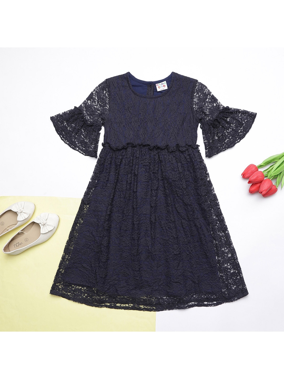 

ZION Girls Navy Blue Round Neck Bell Sleeves Dress