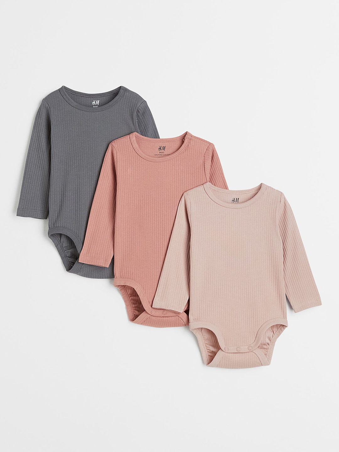 

H&M Girls 3-Pack Ribbed Bodysuits, Grey